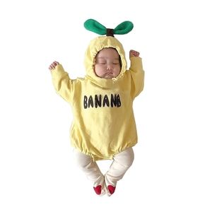 🍌EUC Infant Toddler Soft Yellow Banana Onesie Hoodie Costume 0-24 Months🍌